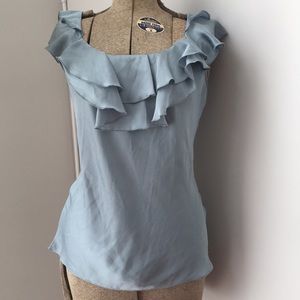 Blue silk polyester ruffle top